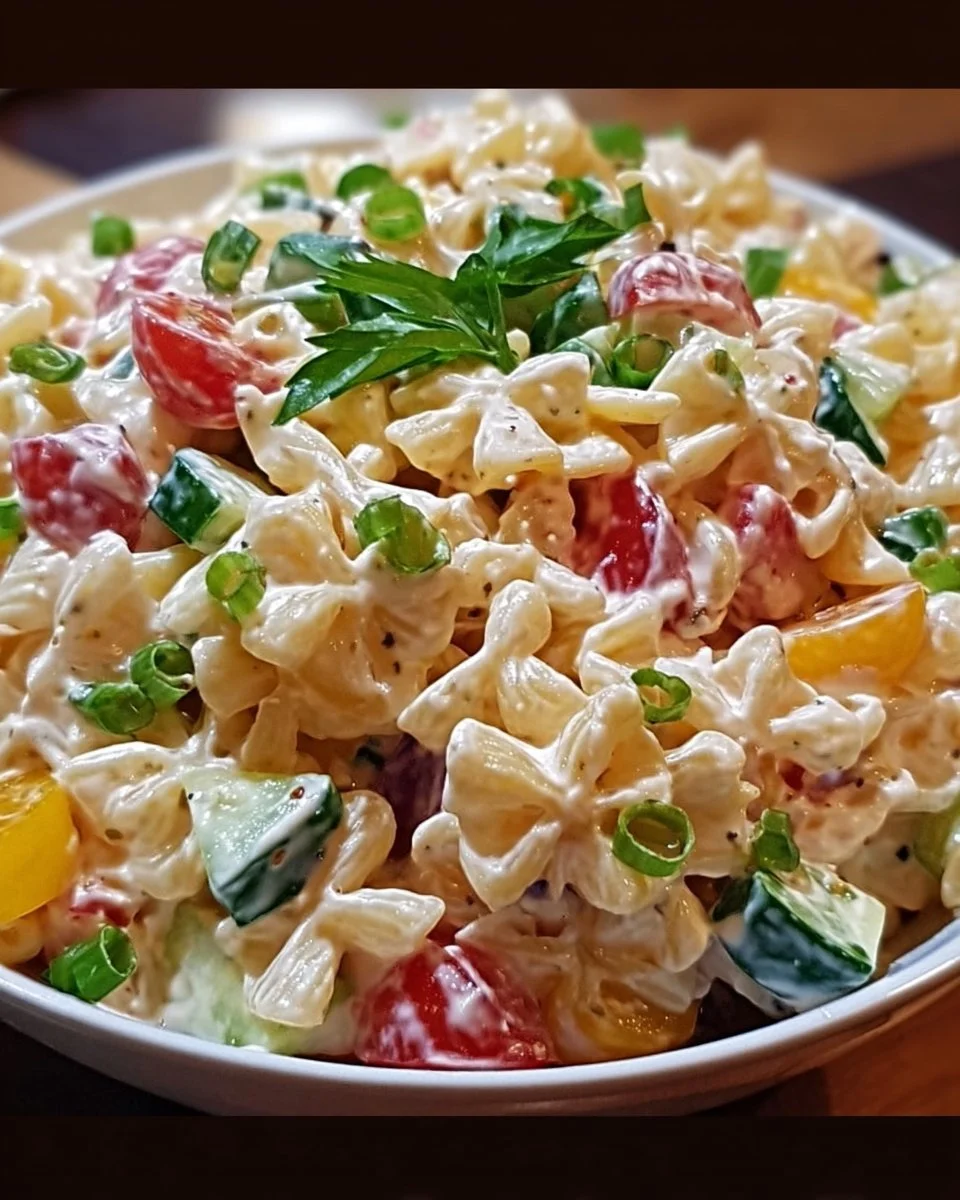 Bunter Nudelsalat mit Frischkäse auf einem Teller