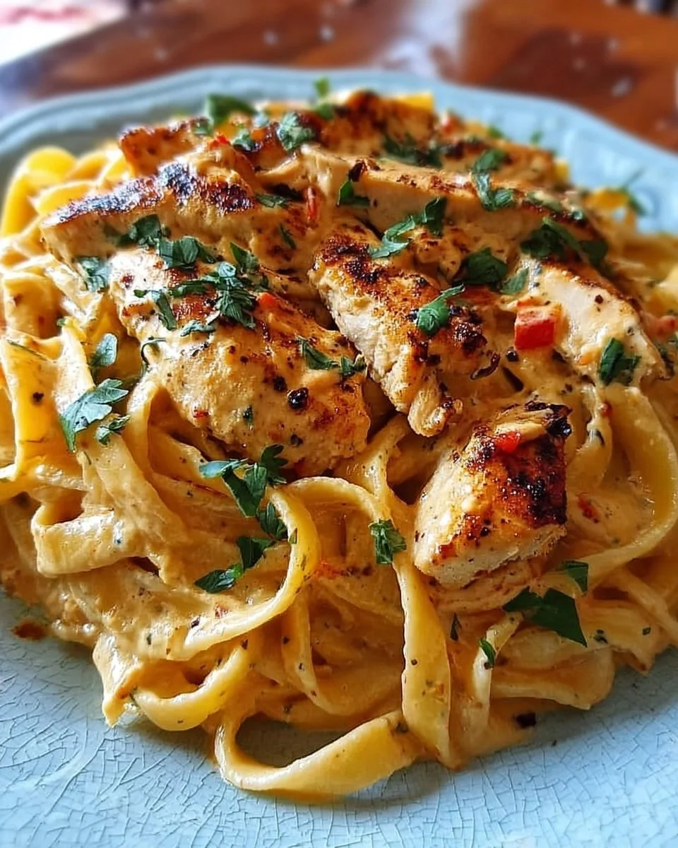 Cremige Cajun-Hühnchen-Pasta mit Gewürzen und Sahnesauce