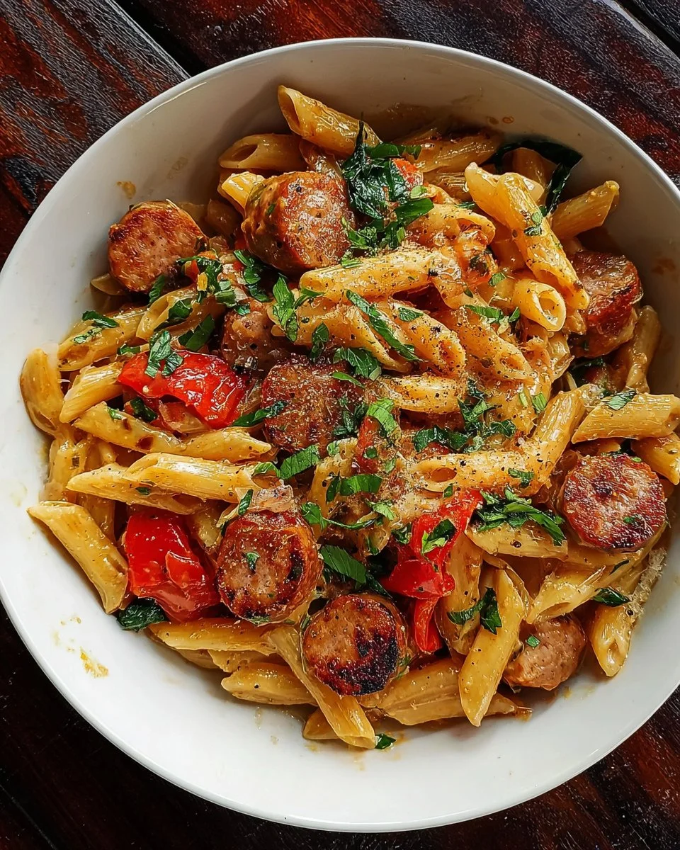 Cremige Cajun-Wurst-Pasta mit frischen Zutaten auf einem Teller serviert.