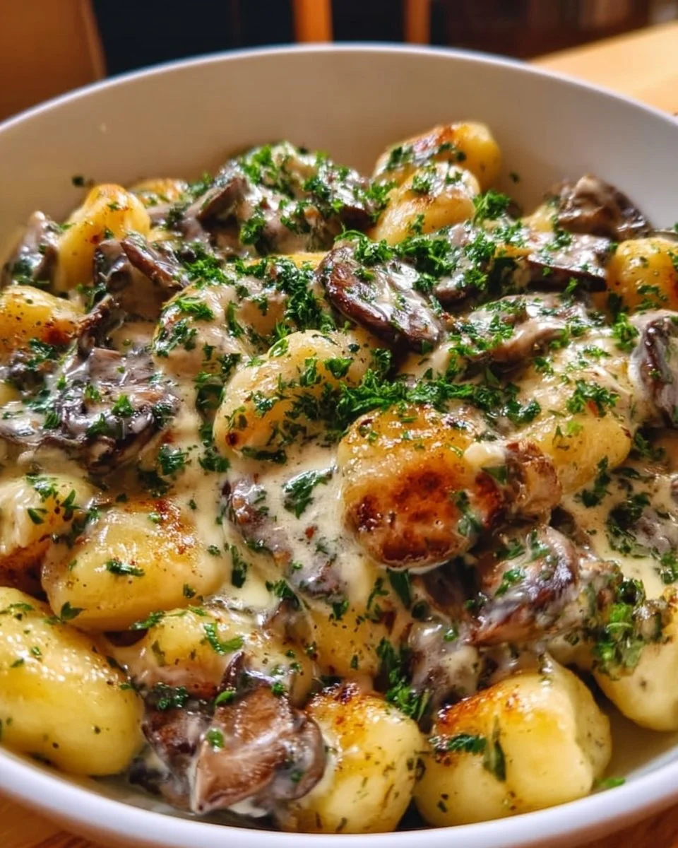 Cremige Gnocchi-Pilz-Pfanne mit frischen Champignons und Sahnesauce