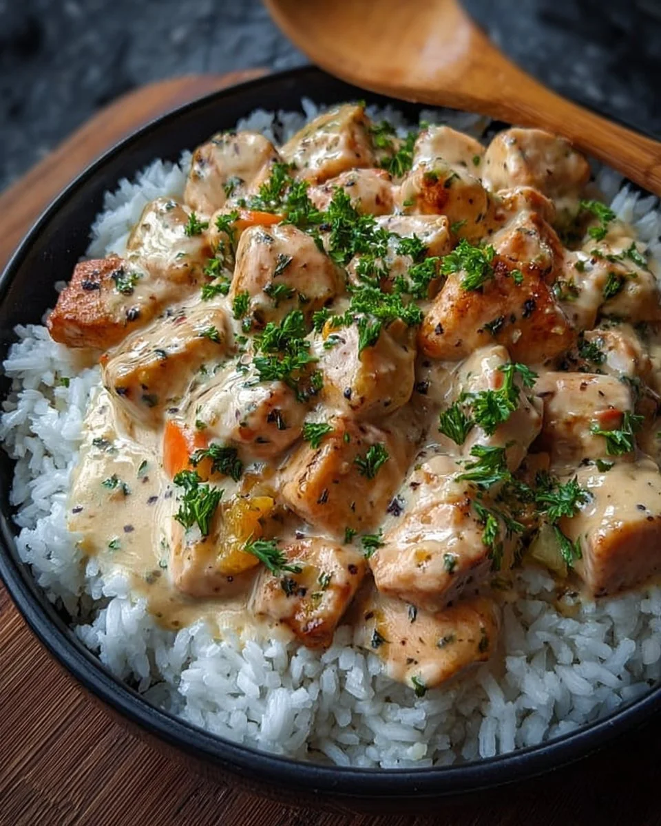 Cremige Hähnchen mit Reis in einer dekorativen Schale serviert