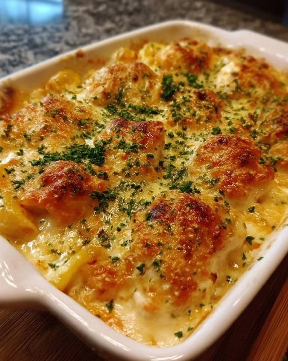 Cremiger Hähnchenauflauf mit Gemüse und Käse überbacken