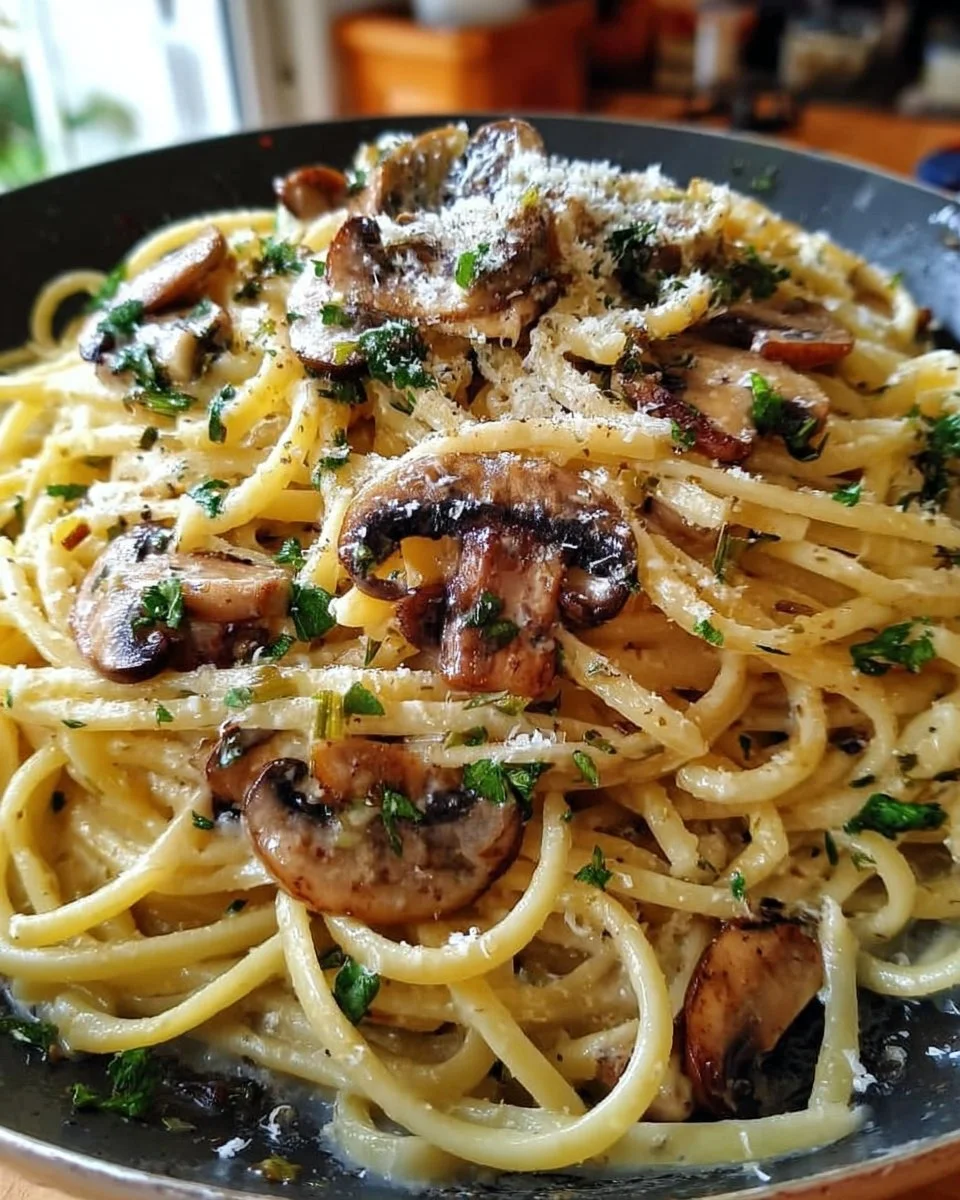 Cremige Knoblauch-Champignon-Pasta mit frischen Zutaten zubereitet.