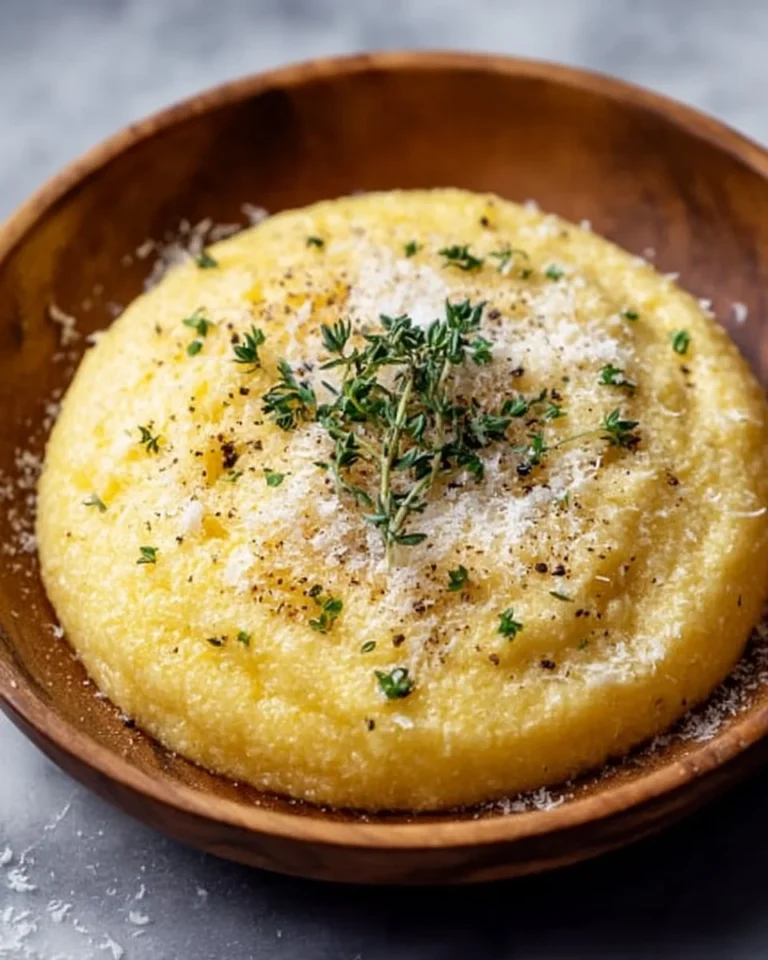 Schüssel mit cremiger Polenta und Parmesan, dekoriert mit frischen Kräutern.
