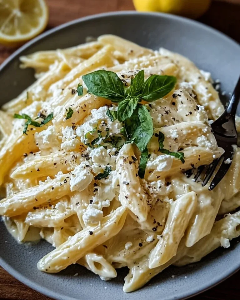 Cremige Zitronen-Feta-Pasta mit frischen Zutaten serviert