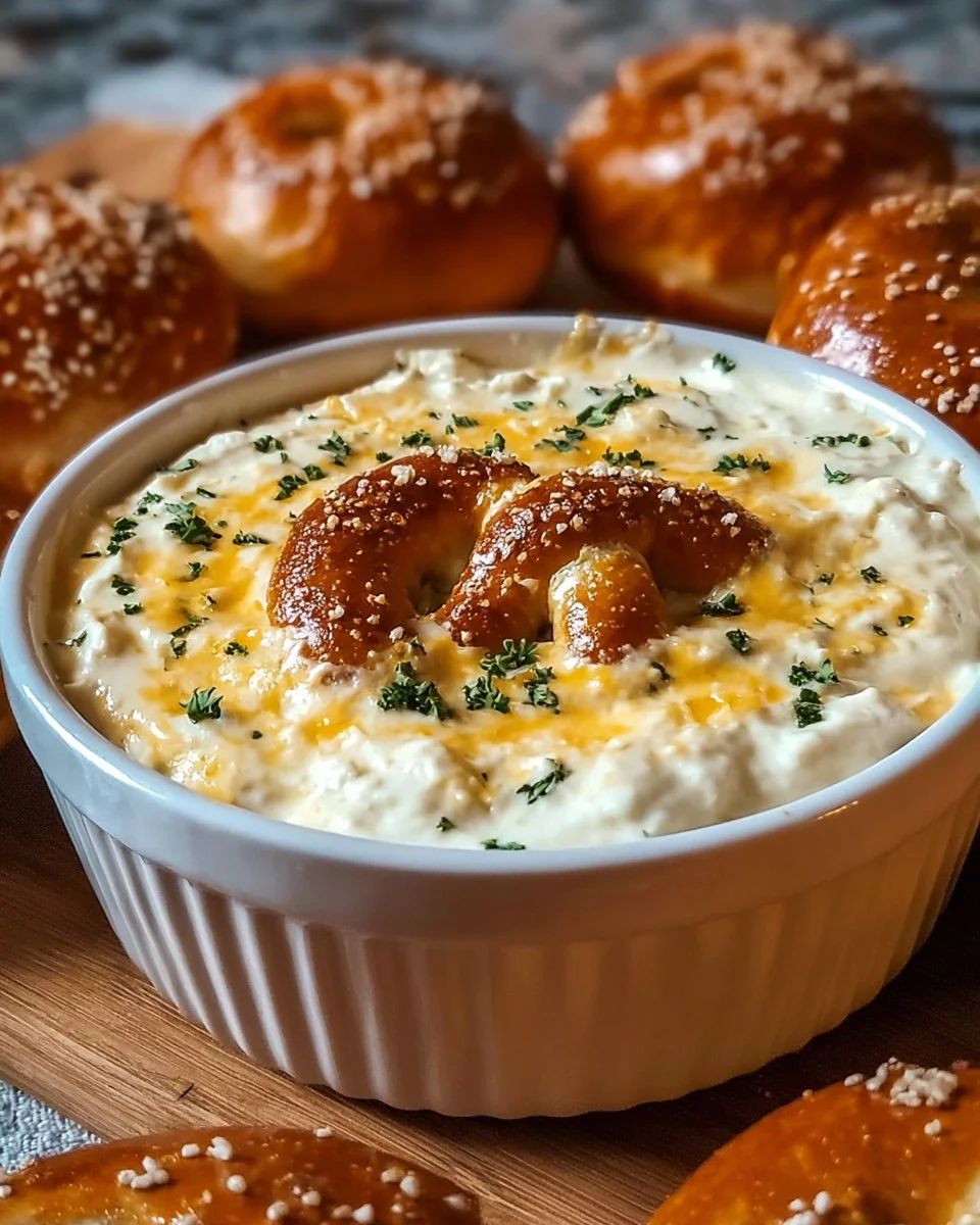 Cremiger Käsebrezel-Dip in einer Schüssel mit Brezeln zum Dippen.