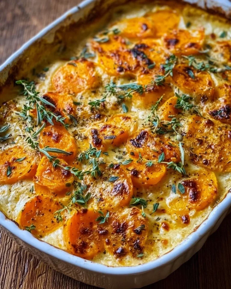 Cremiger Kürbis-Kartoffel-Auflauf auf einem Teller serviert