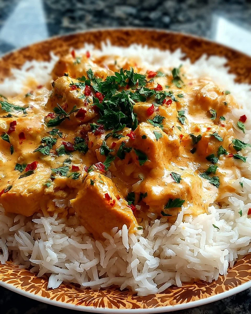 Cremiges Hähnchen mit Reis auf einem Teller serviert