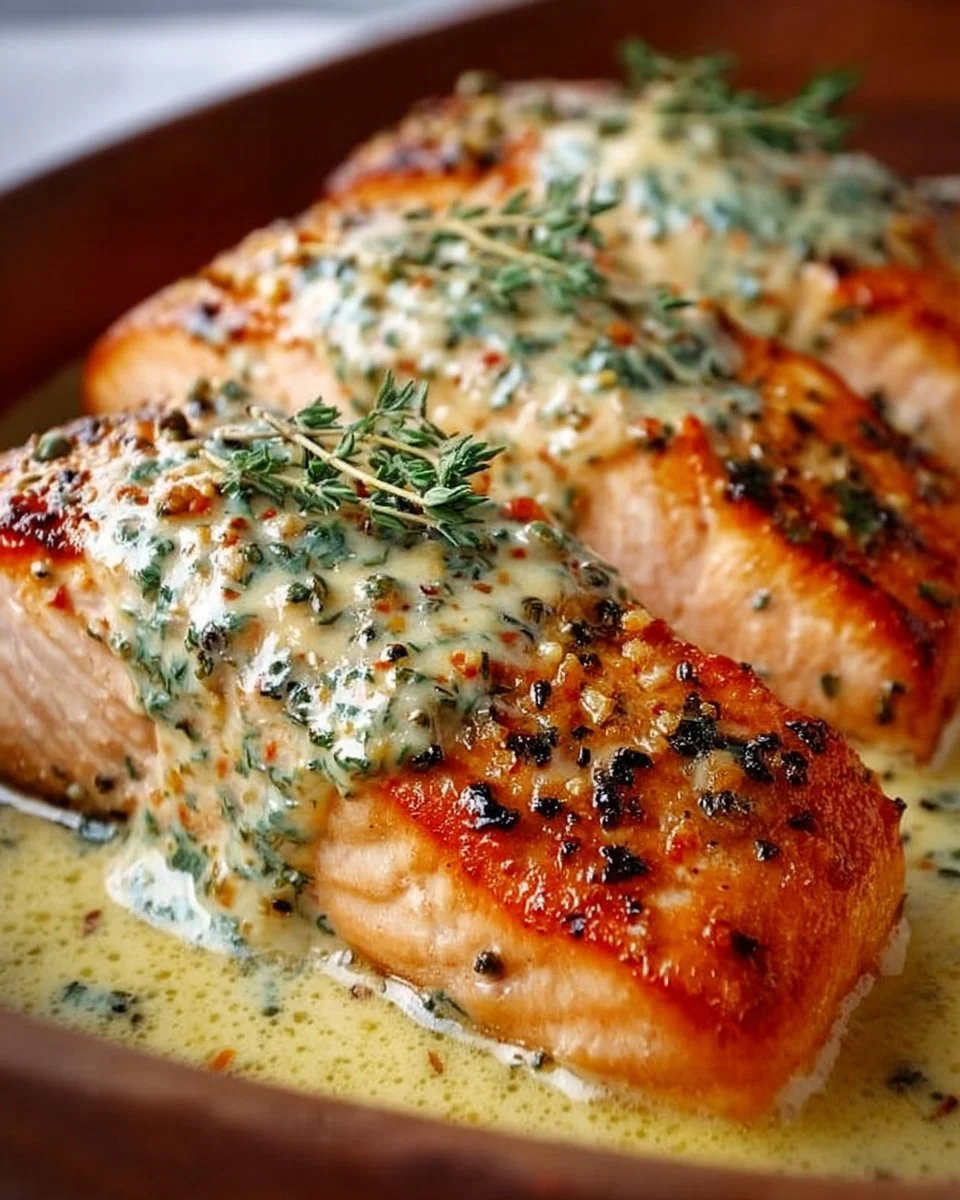 Cremiges Lachsfilet aus dem Ofen, serviert mit frischen Kräutern