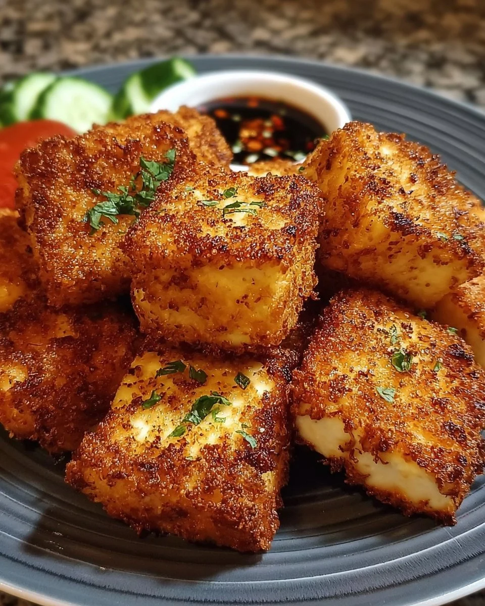 Crispy Feta aus dem Airfryer auf einem Teller serviert.