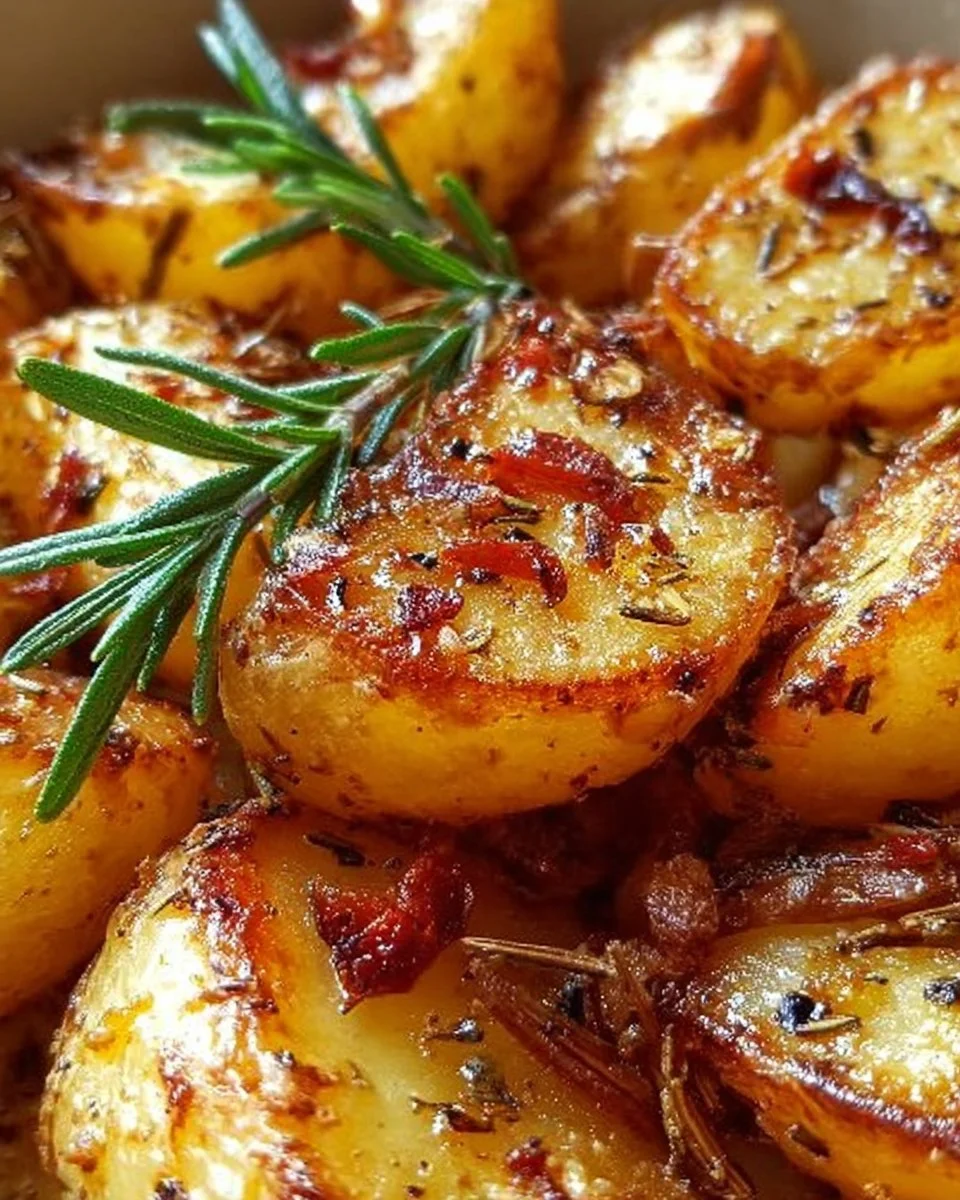 Crispy Rosemary Potatoes frisch aus dem Ofen, garniert mit Rosmarin