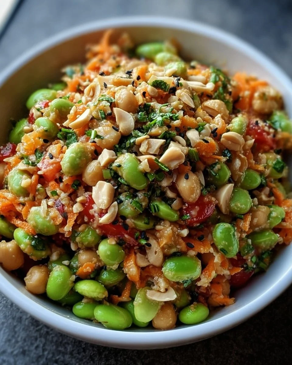 Edamame-Erdnuss-Crunch-Salat mit frischen Zutaten und knusprigen Erdnüssen