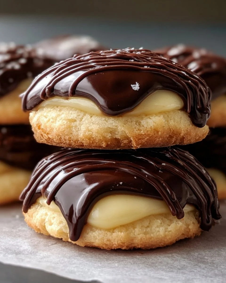 Einfache Boston-Cream-Pie-Kekse mit cremiger Füllung und Schokoladenglasur.