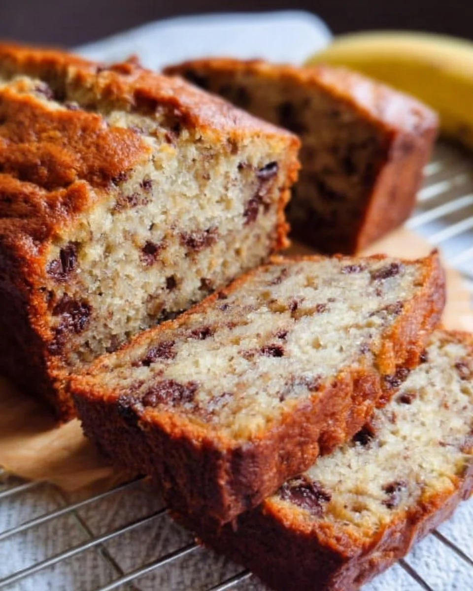 Feuchtes Bananenbrot mit Schokoladenstückchen auf einem Holzbrett
