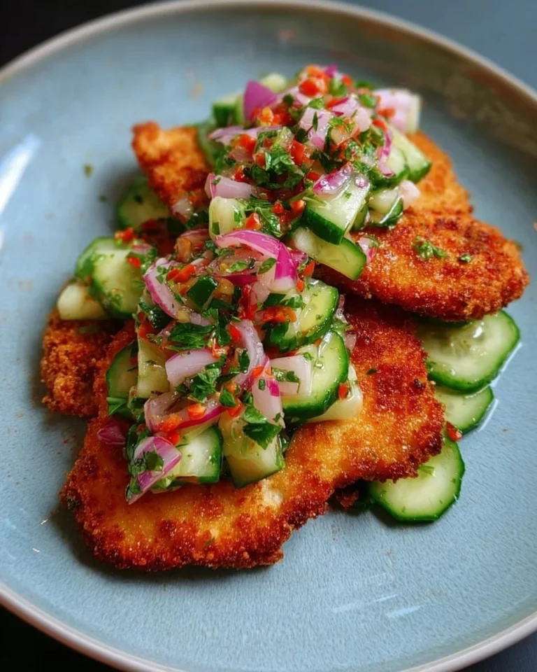 Fisch Milanese serviert mit erfrischendem Gurken-Ceviche auf einem Teller