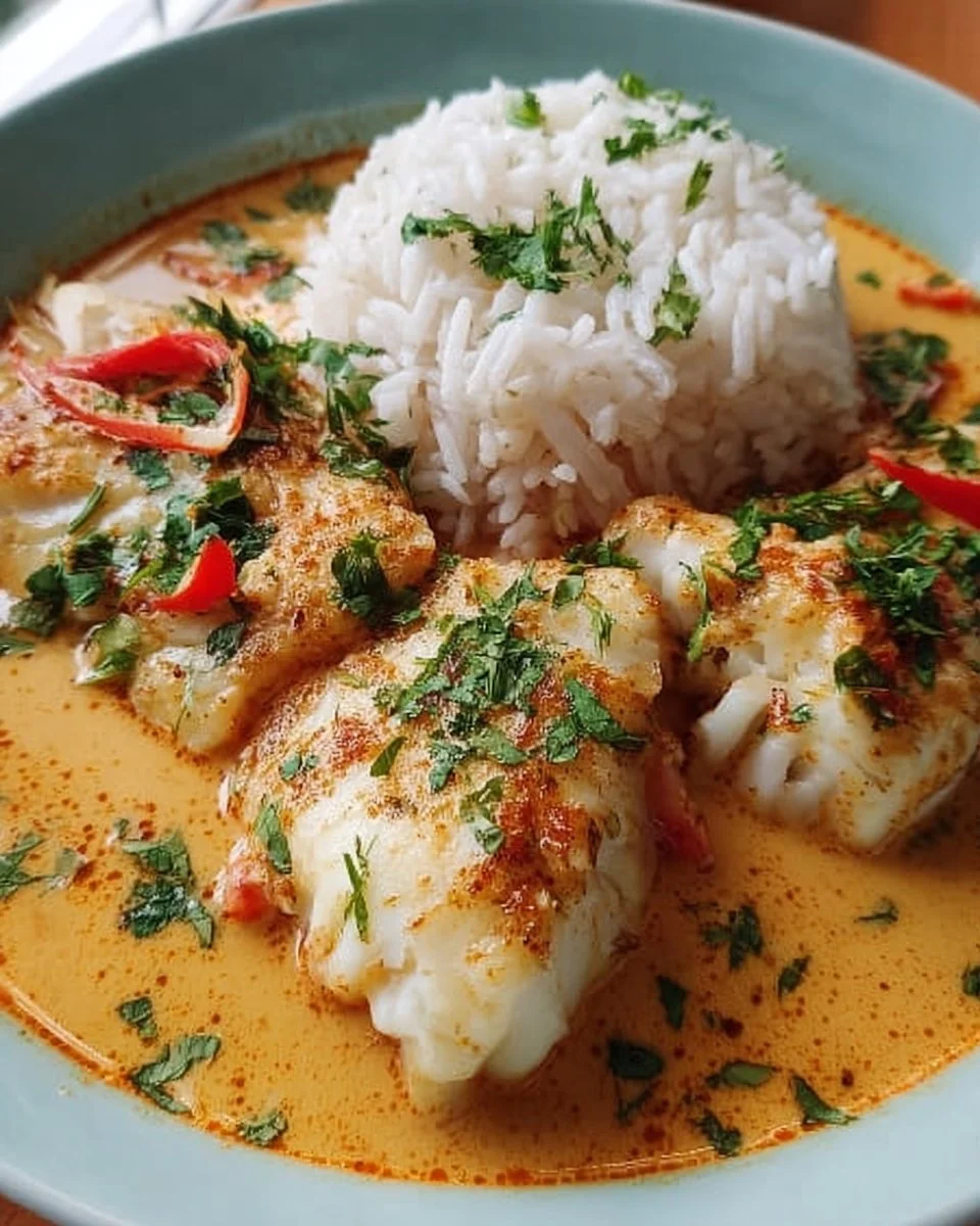 Fischfilets in cremiger Kokos-Curry-Sauce serviert auf einem Teller