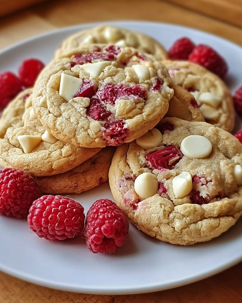 Frische Himbeer-Weißschokoladen-Cookies auf einem Teller