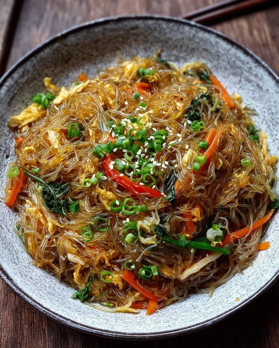 Frittierte Glasnudeln mit frischem Gemüse und aromatischen Gewürzen