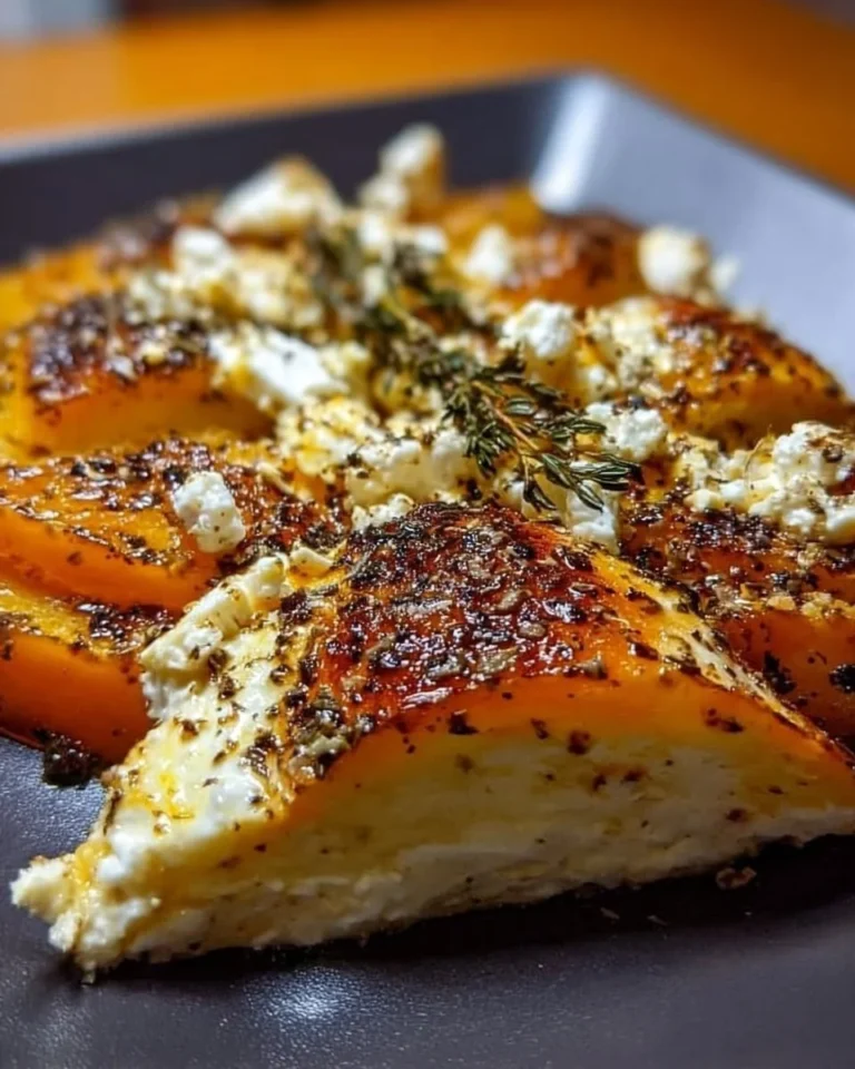 Gebackener Hokkaido mit Feta, serviert auf einem Teller