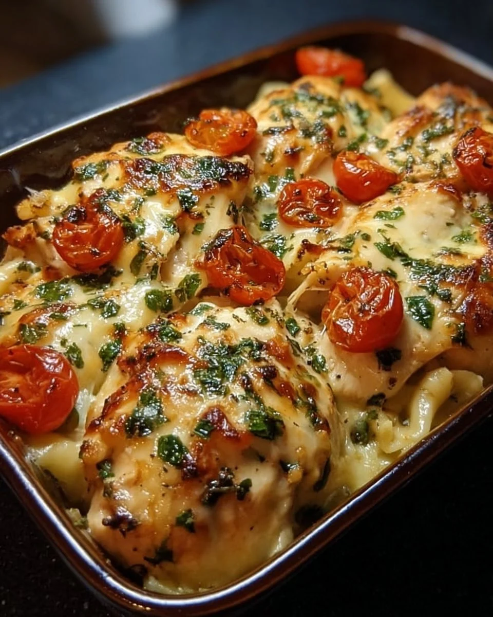 Gebackener toskanischer Hähnchenauflauf mit frischem Gemüse und Käse