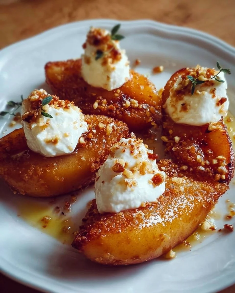 Gebackene Birnen serviert mit cremigem Mascarpone auf einem Teller.