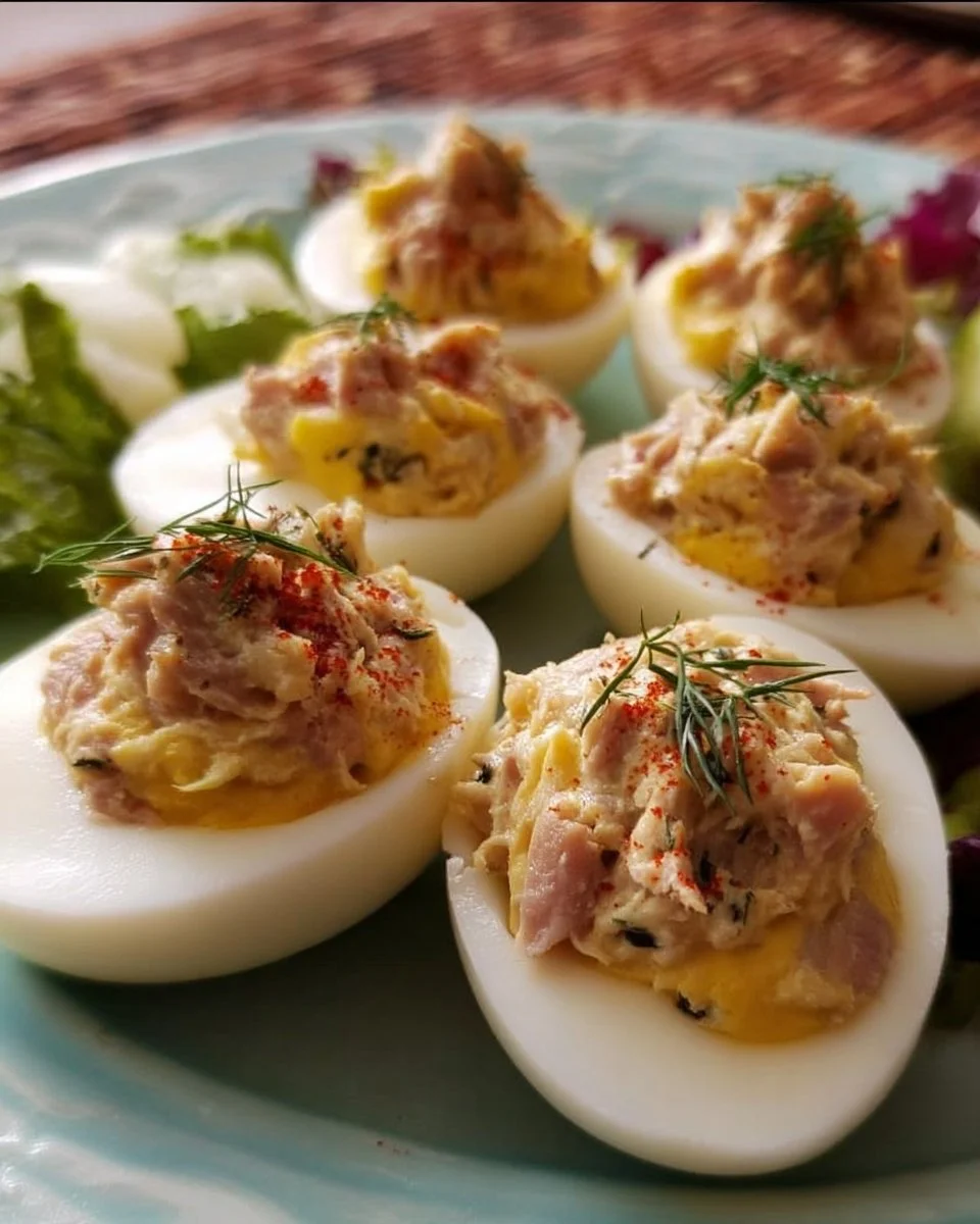 Gefüllte Eier mit Thunfisch auf einem dekorativen Teller