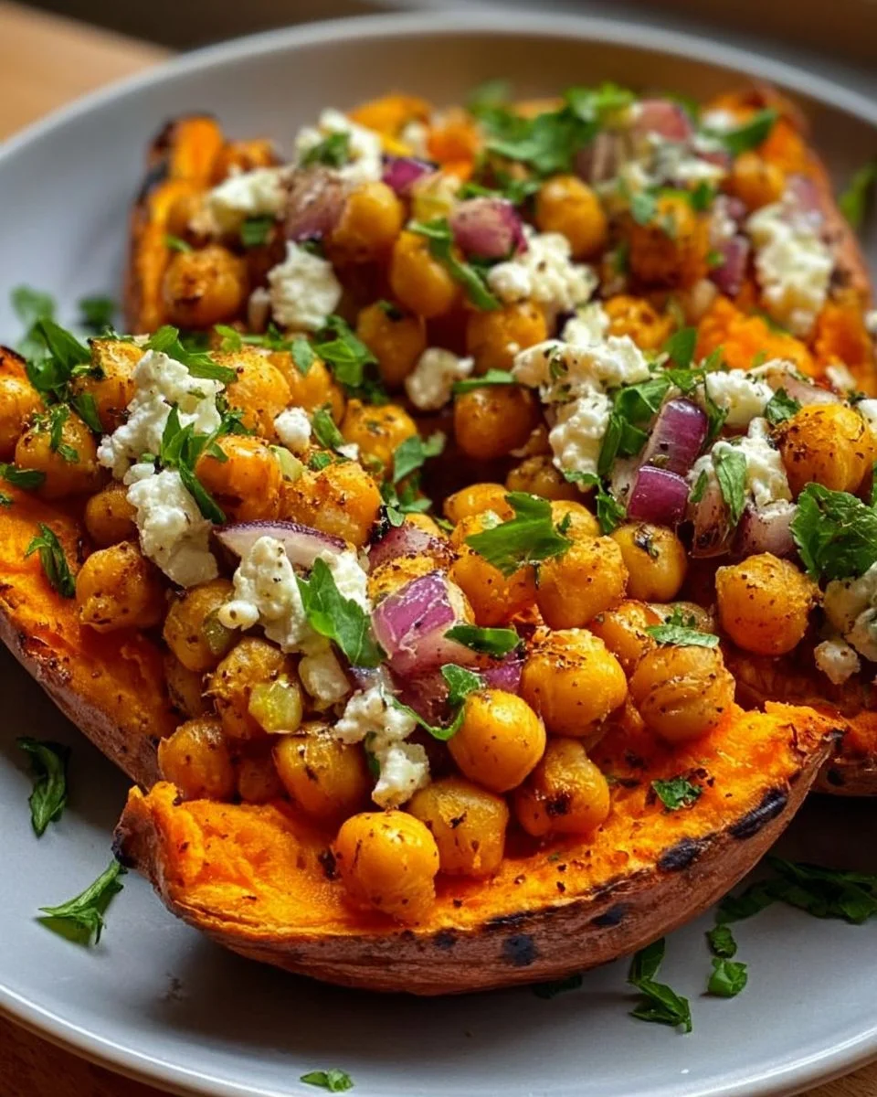 Leckere gefüllte Süßkartoffeln mit Kichererbsen auf einem Teller