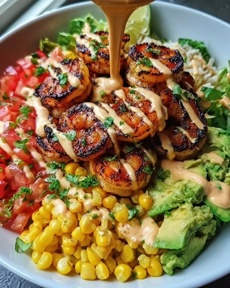 Gegrillte Garnelen-Bowl mit Avocado-Mais-Salsa und cremiger Sauce
