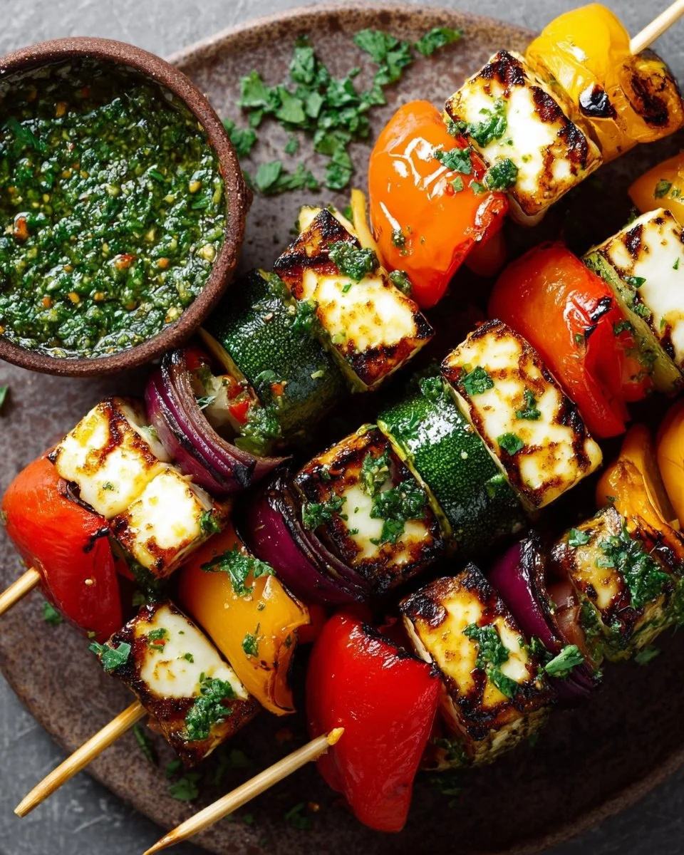 Gegrillte Gemüse-Spieße mit Halloumi und Chimichurri auf dem Grill.