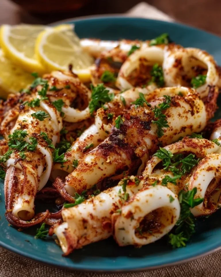 Gegrillter Knoblauch-Tintenfisch auf dem Grill mit frischen Kräutern garniert.