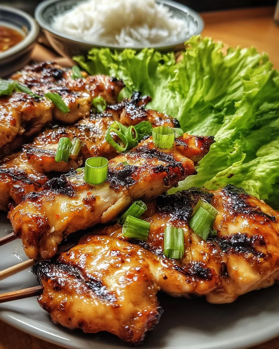 Gegrilltes vietnamesisches Hähnchen auf dem Grill mit frischen Kräutern