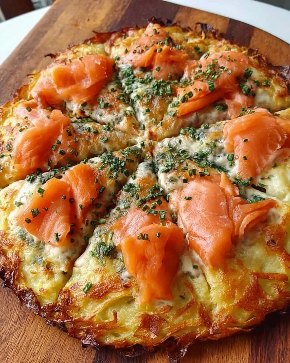 Glutenfreie Kartoffelpizza mit geräuchertem Lachs auf einem Holzbrett