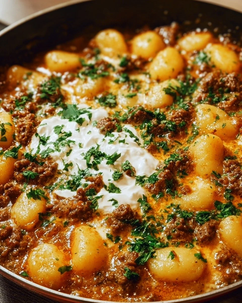Gnocchi-Pfanne mit Hackfleisch und Sauerrahm auf einem Teller serviert