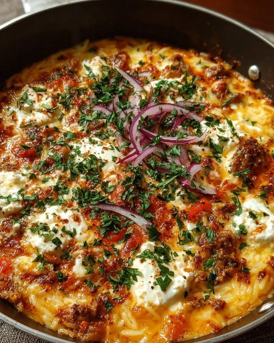 Leckere griechische Kritharaki-Pfanne mit frischem Gemüse und Feta