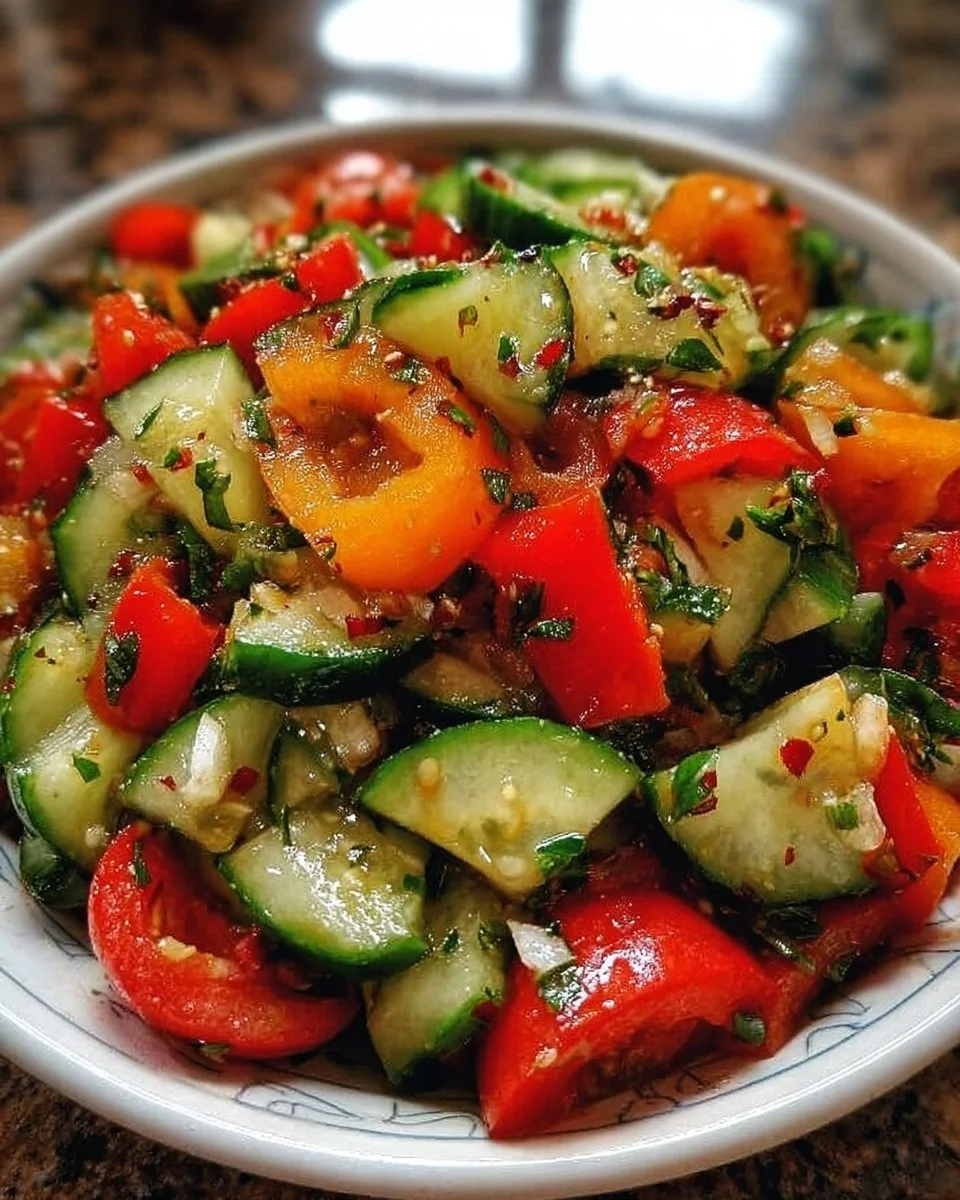 Gurken-Paprika-Salat in einer bunten Schüssel, frisch zubereitet.