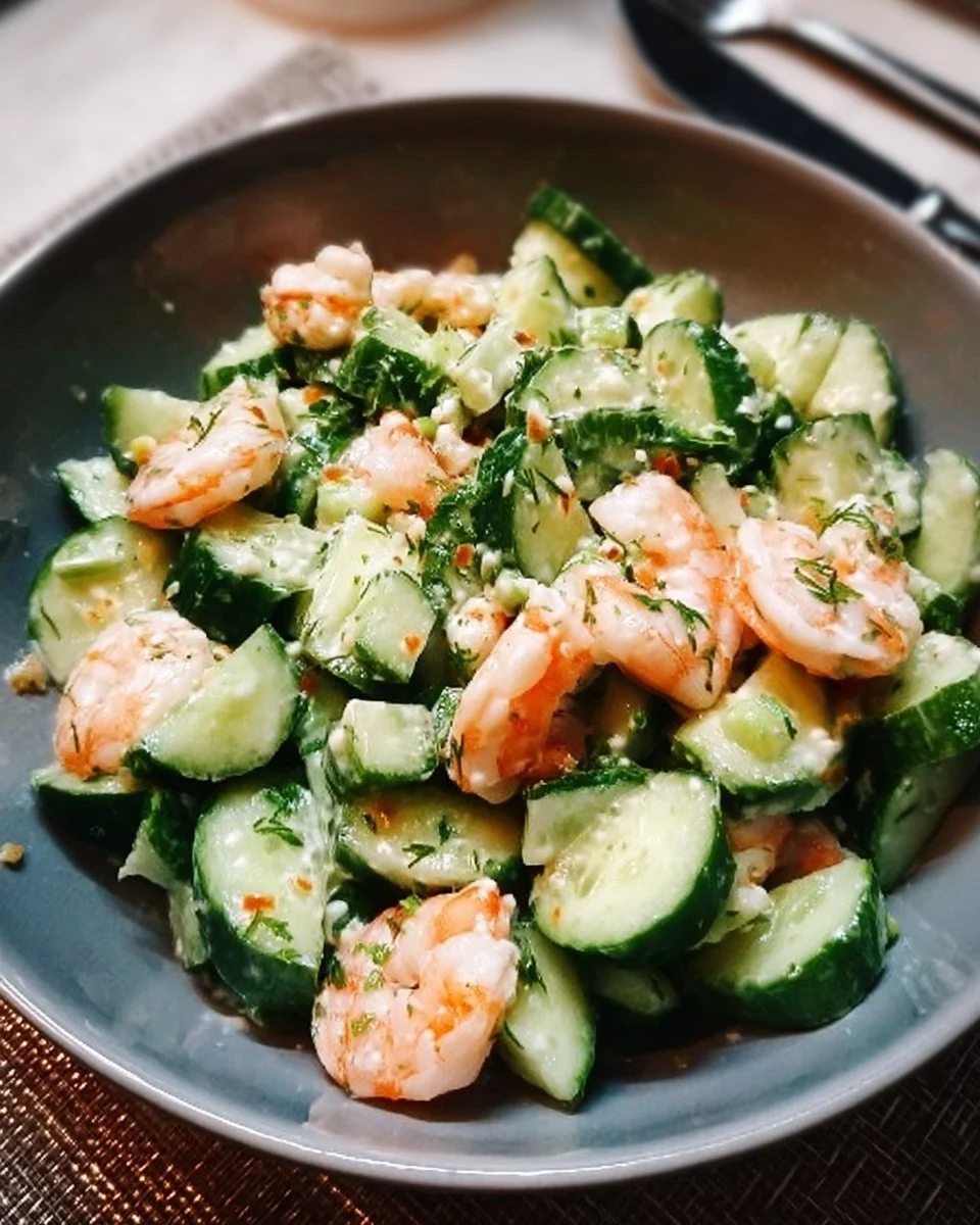 Gurkensalat mit Garnelen in einer Schüssel serviert.