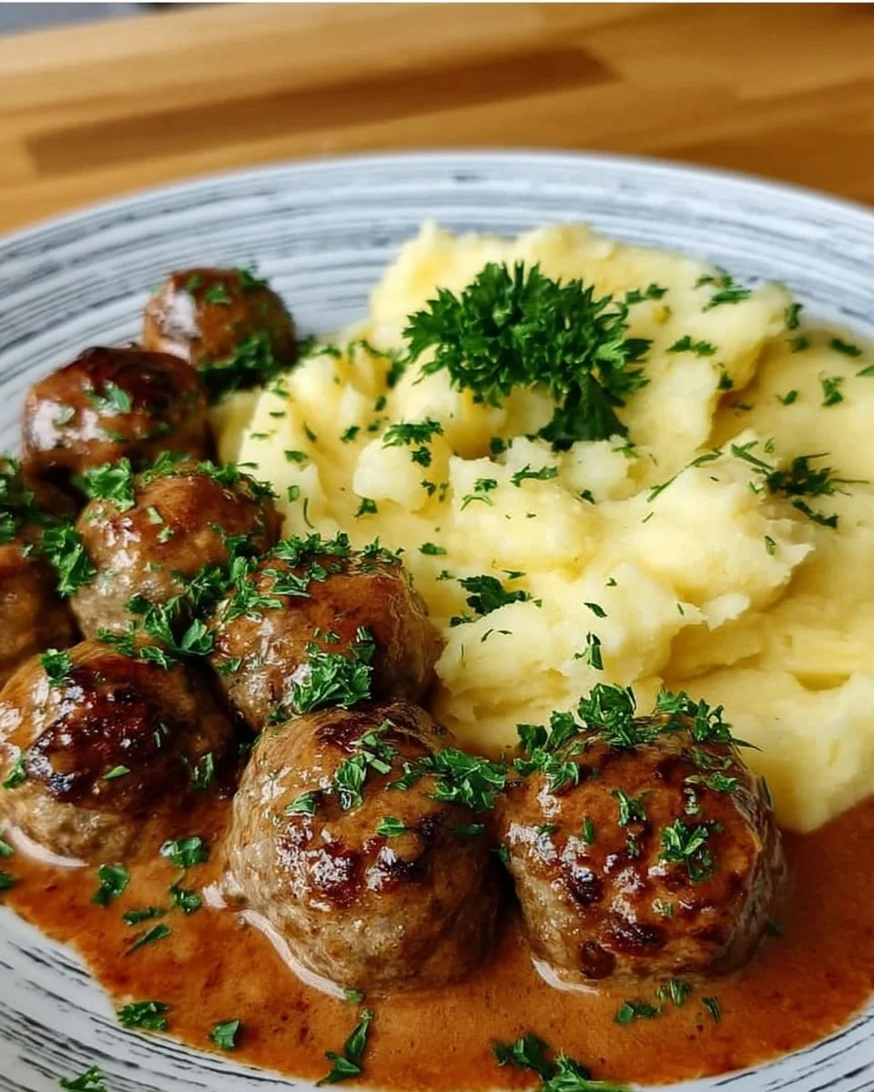 Hackbällchen in Rahmsauce serviert mit cremigem Kartoffelpüree