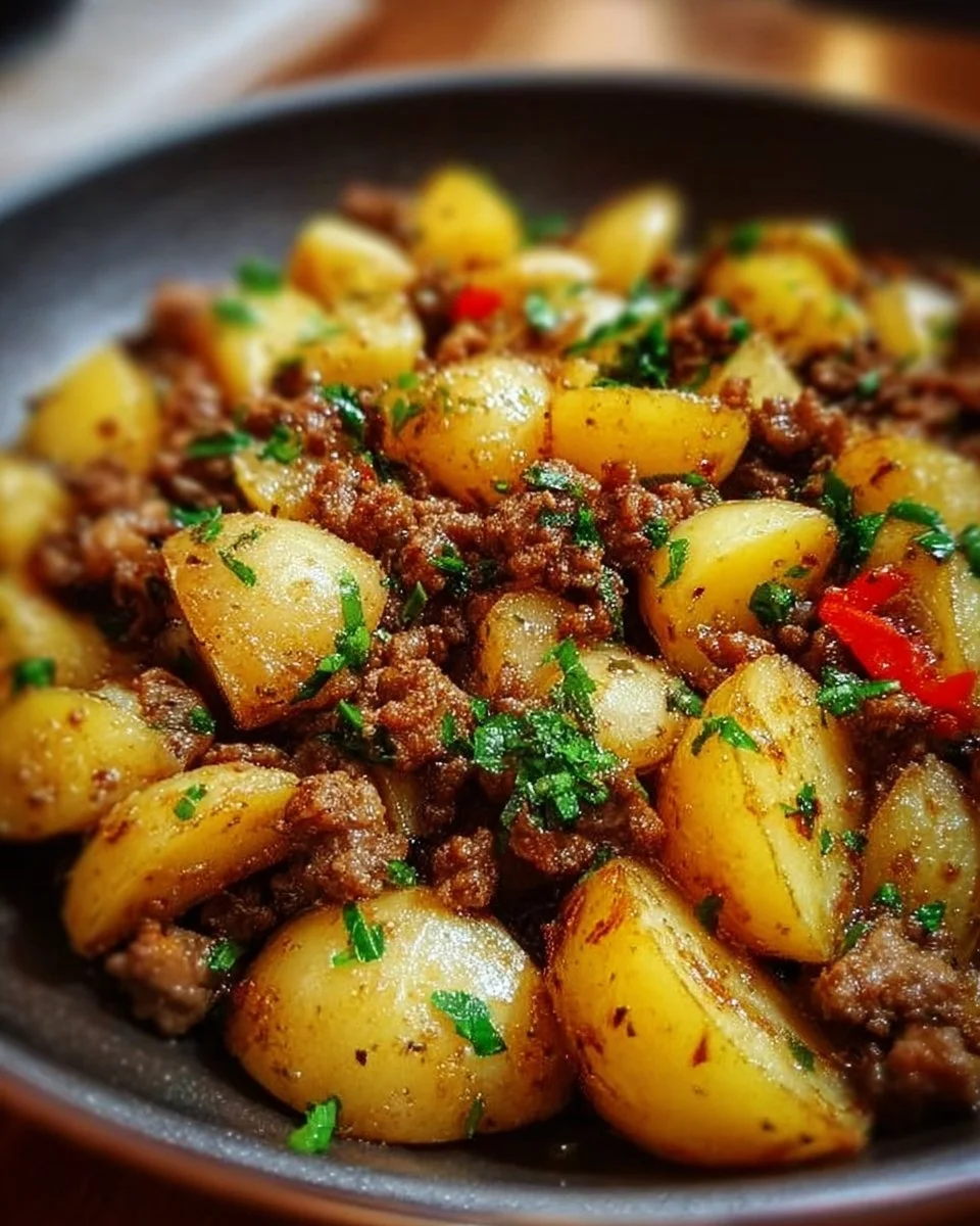 Schmackhaftes Hackfleisch mit Kartoffeln auf einem Teller serviert.