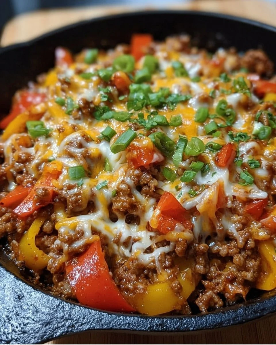 Hackfleisch-Paprika-Pfanne mit Käse auf einem Teller serviert
