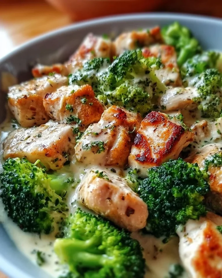 Hähnchen und Brokkoli in cremiger Sauce auf einem Teller serviert