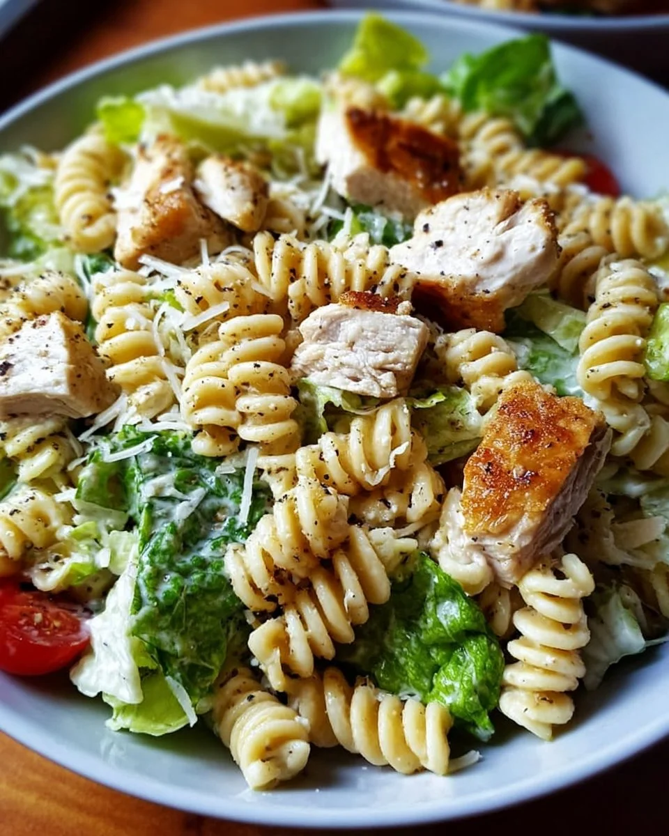 Leckerer Hähnchen-Caesar-Pasta-Salat mit frischen Zutaten