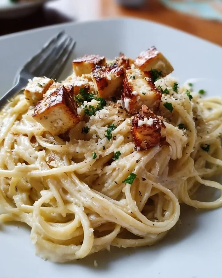Leckere Halloumi Carbonara mit cremiger Sauce und knusprigem Halloumi-Käse