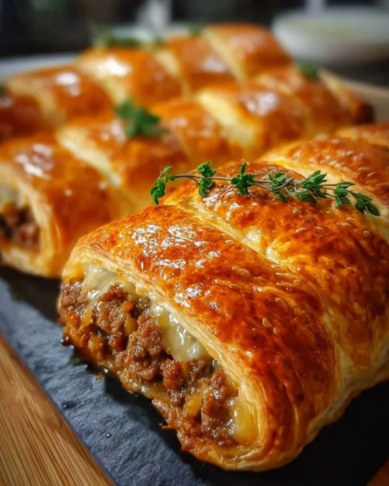 Herzhafte Hackfleisch-Käse-Rolle im Blätterteig auf einem Teller.