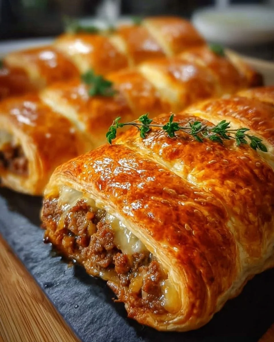 Herzhafte Hackfleisch-Käse-Rolle im Blätterteig auf einem Teller.