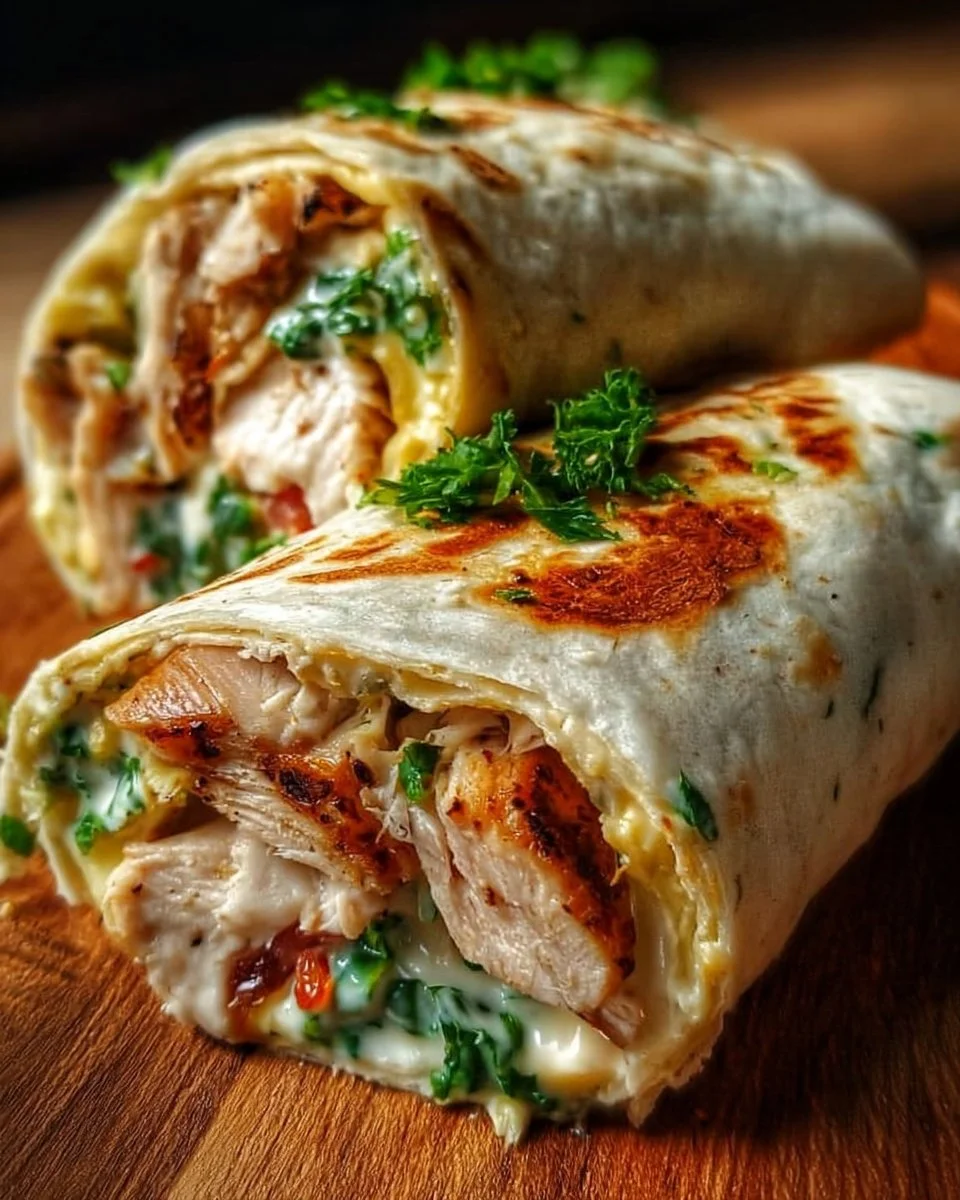 Hochprotein Cheese-Garlic Chicken Wraps mit frischen Zutaten und Käse.