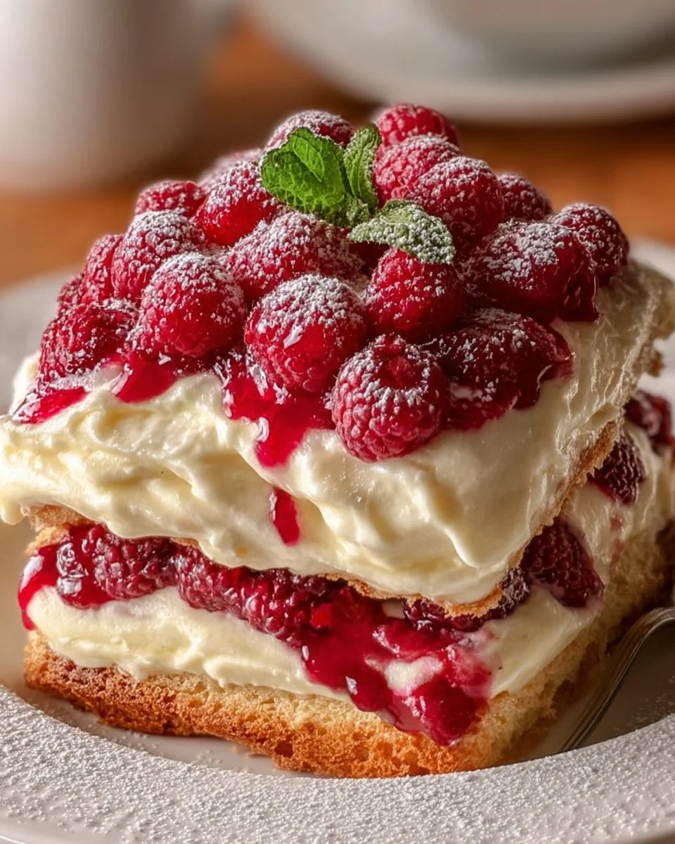 Himbeerwolke mit Mascarponecreme auf einem Dessertteller