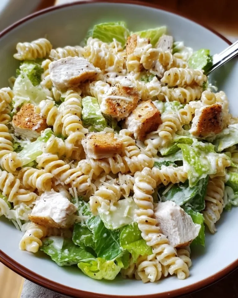 Hühnchen-Caesar-Nudelsalat mit frischen Zutaten und leckerem Dressing