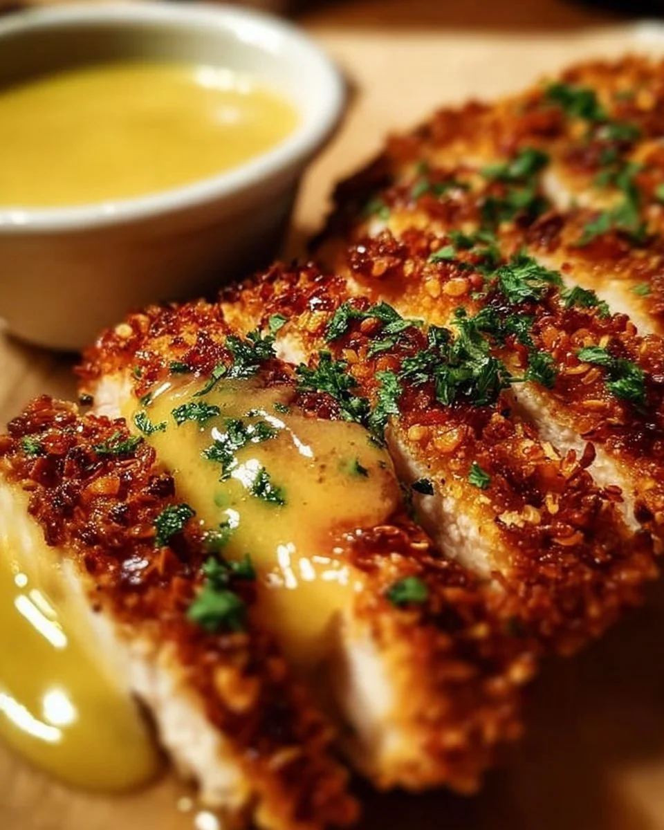 Hühnchen mit knuspriger Brezelkruste und Honig-Senf-Sauce serviert auf einem Teller