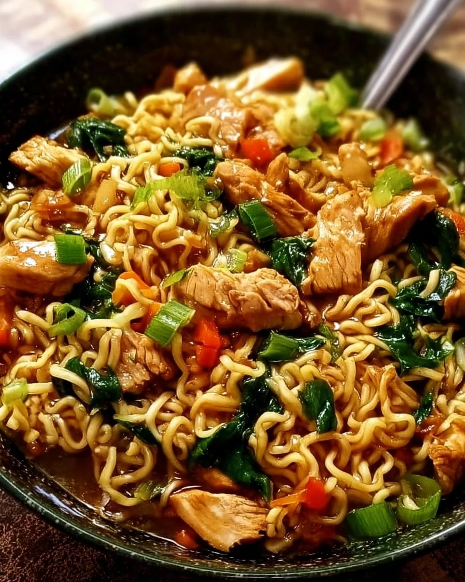 Hühnchen Ramen Pfanne mit frischen Zutaten und leckeren Würzen.