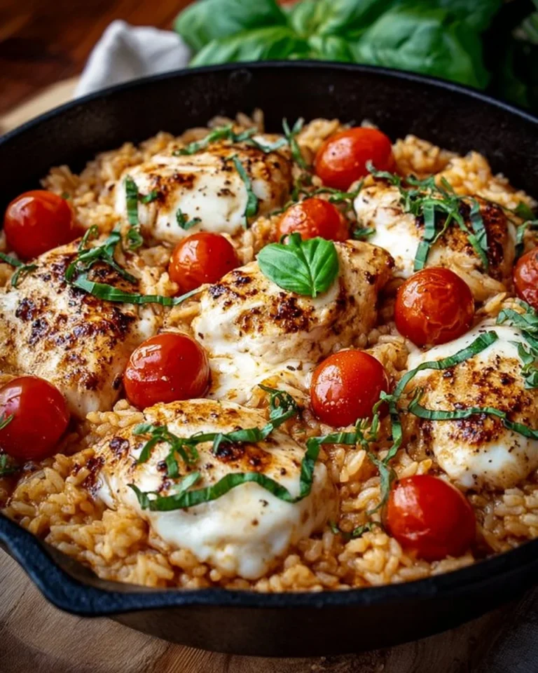 Hühnchen-Reis-Pfanne mit schmelzendem Mozzarella und frischen Zutaten